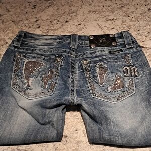 Miss Me Distressed Blue Jean Cut Off Capri's with Silver Accents